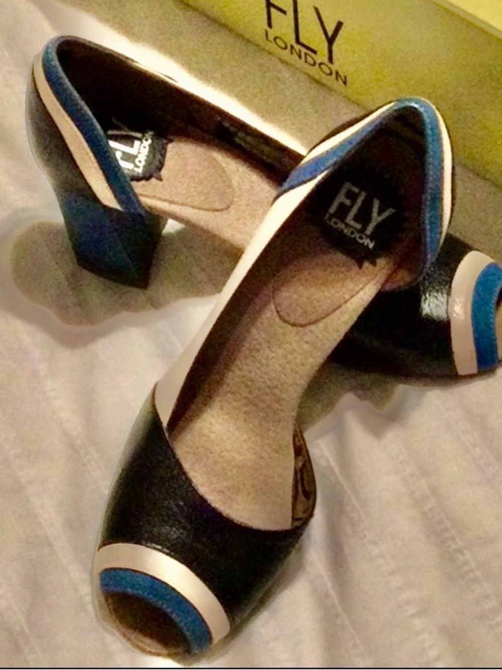 Fly London Black, Blue and Cream Peep-Toe Block Heel Pumps